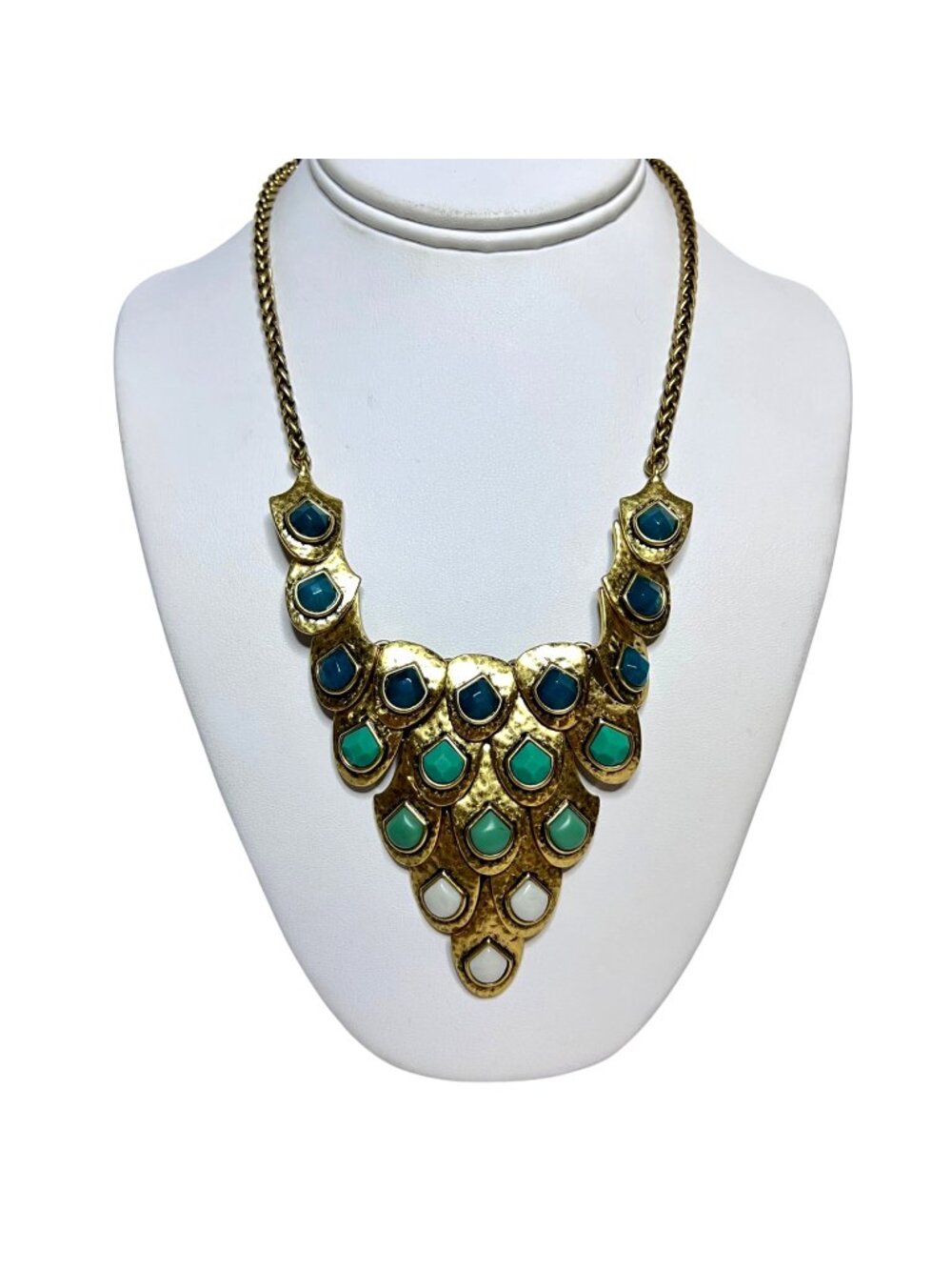 Lucky Brand Hammered Gold Tone Scale Bib Necklace W/ Semi Precious Accents (6356 - Picture 1 of 6